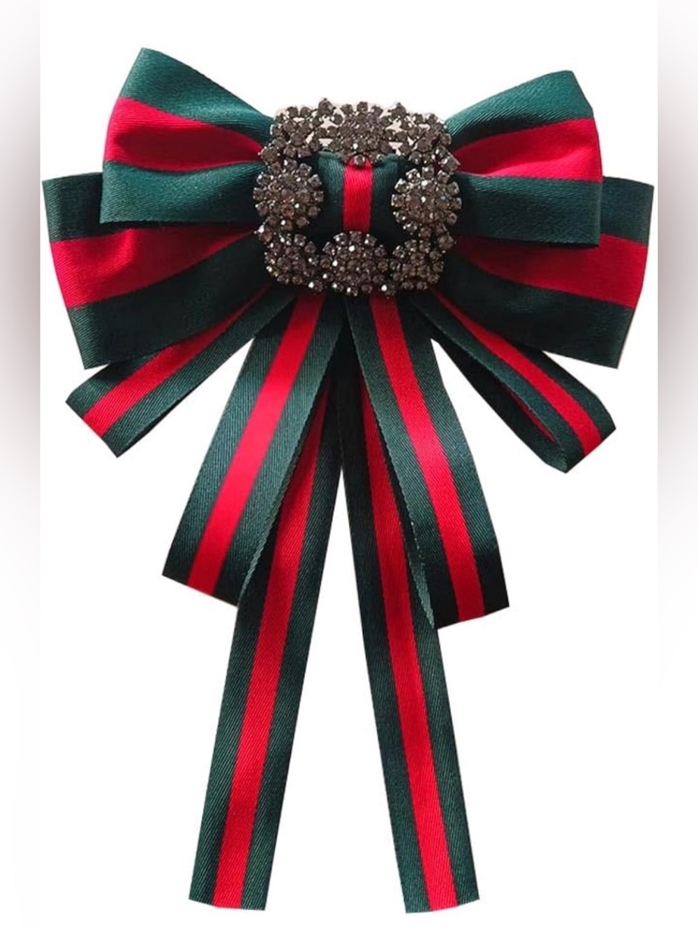 Striped Green and Red Ribbon Bow Brooch with Crystal Buckle